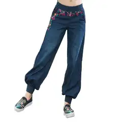 Ретро Этническая Вышивка для женщин джинсы для стрейч талии свободные шаровары повседневное джинсовые штаны мотобрюки a350