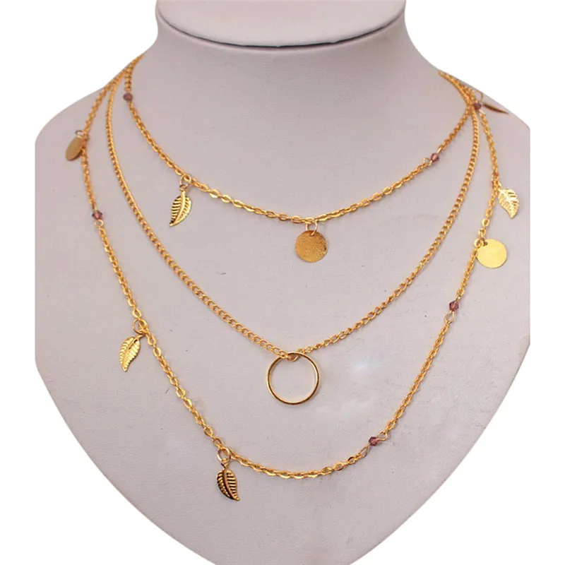 Jewelry Choker Necklace Gold Leaf Bohemian Crystal Necklace Multilayer Long Necklace Women Bijoux Collares Necklaces & Penda