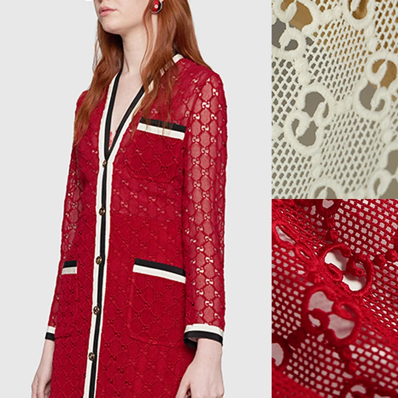 

118CM Wide 380G/M Beige Red Embroideried Lace Fabric for Spring Autumn Wedding Evening Dress Skirt DE796