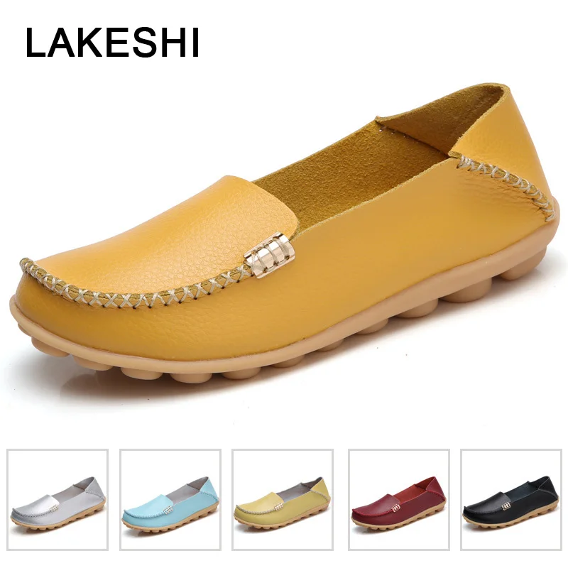 

2019 Fashion Genuine Leather Women Flats Shoes Woman ballet Flats Female Loafers 18 Color Moccasin Slip-On Ladies Shoes Mother