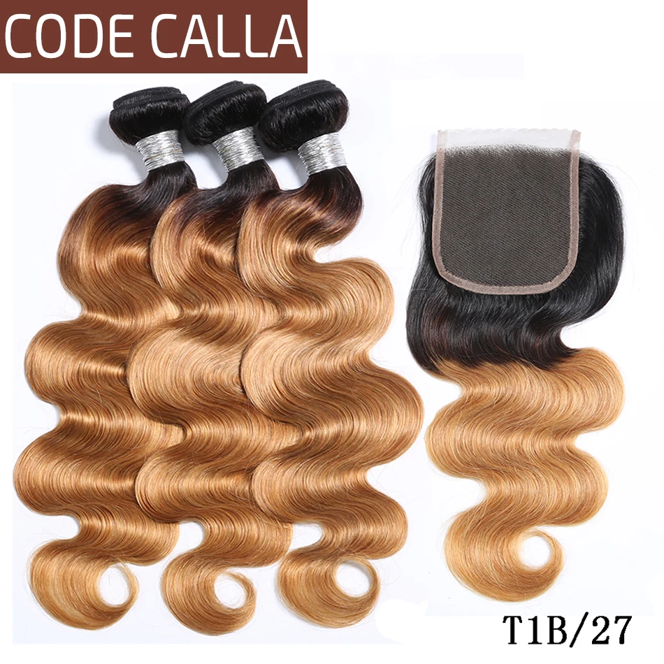 Код Calla Ombre цвет тела волна Связки с 4*4 Кружева Закрытие Необработанные бразильские необработанные девственные человеческие волосы Weft расширение
