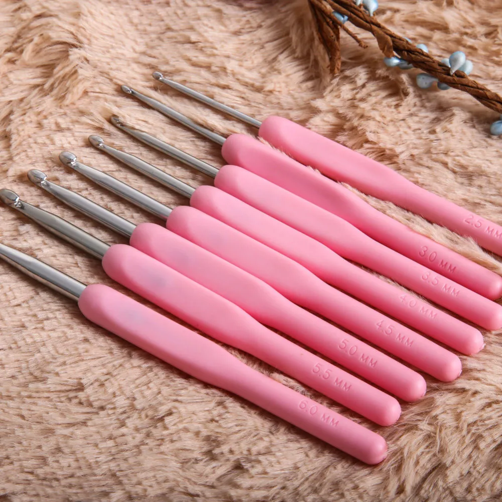 8Pcs Soft Smooth Plastic Pink Handle Aluminum Crochet Hooks Knitting