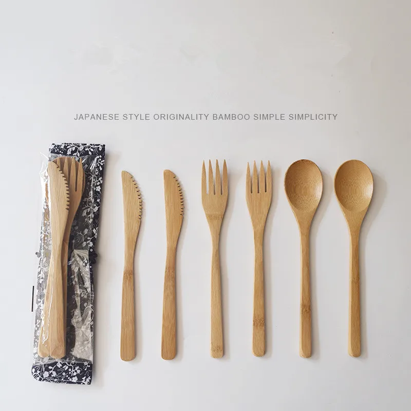 

3Pcs/set Wooden Dinnerware Set Bamboo Fork Knife Soup Teaspoon Catering Cutlery Set With Cloth Bag Kitchen Cooking Tools Utensil