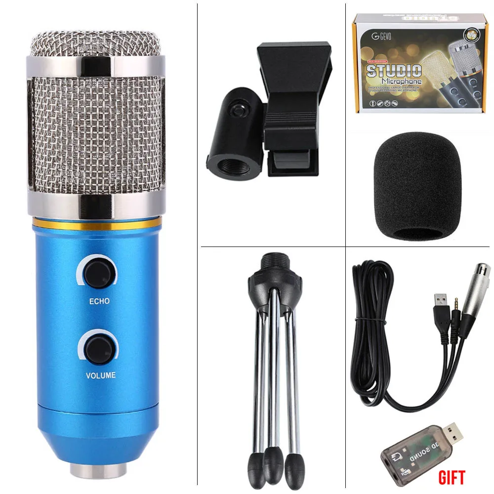 GEVO MK F200FL Computer Microphone Condenser Wired 3.5mm Cable Professional USB Mic For Karaoke PC Studio Recording With Tripod - Цвет: BLUE