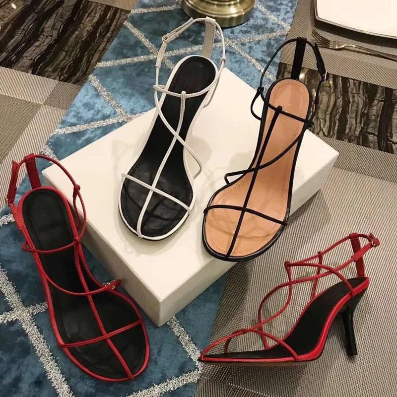 

Red Thong Heels Women Sandals 2019 Summer Sexy Ankle Strap Cut-out T-strap Gladiator Sandals Women Tie-up Dress Shoes Runway