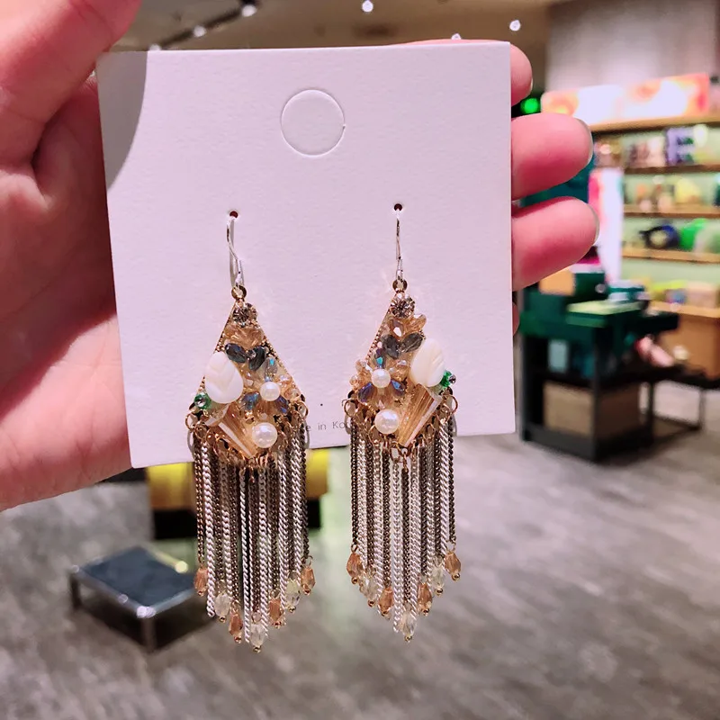 

S925 Silver Hook Elegant High-grade Gorgeous Artificial Natural Crystal Jewel Fashion Folk Long Dangler Earrings Women Jewelry