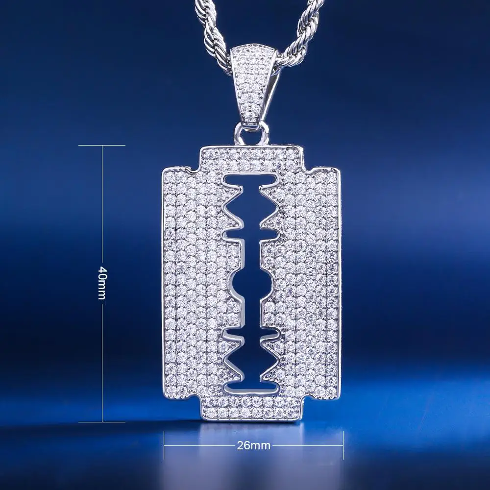 KRKC&CO White Gold Ice Out Double-Edged Razor Blade Pendant Hip Hop Jewelry for amazon/ebay/wish online store for Wholesale