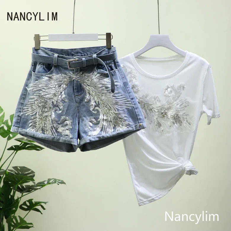 

Nancylim Summer Jeans Suits Woman New Denim Shorts + T-shirt Two Piece Set Female Lady Embroidery Sequins High Waist Hot Pants