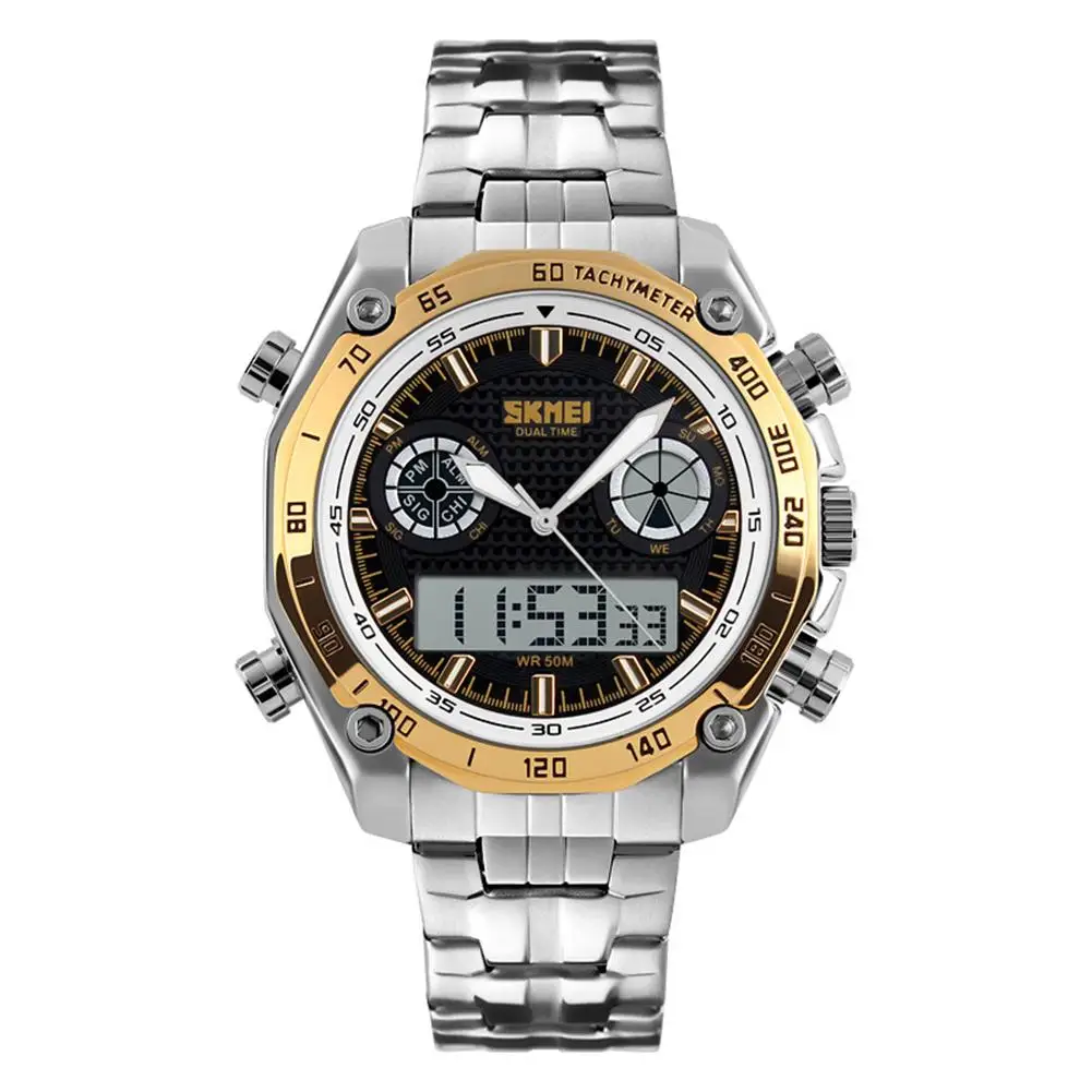 

Business Men Analog Digital Stainless Steel Dual Time Zone Stopwatch Wrist Watch