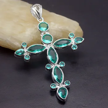 

925 Sterling Silver Color Holy Cross Gentle GreenTopaz Pendant Necklace Jewelry 3 1/4 INCH H64
