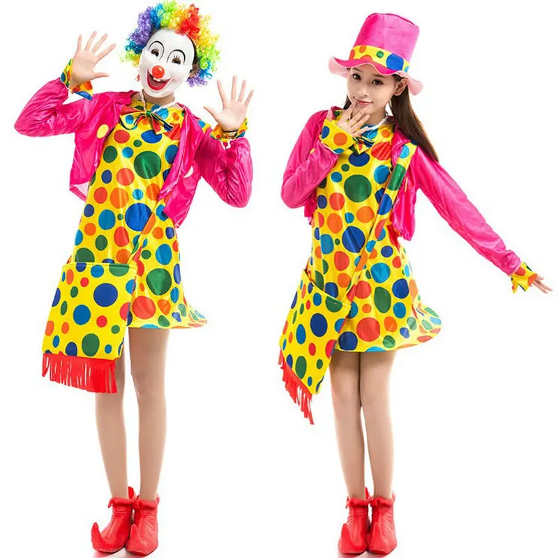 

New cosplay Dot clown costume sexy adult female Siamese clown suit Halloween Masquerade incl hat shawl dress bags