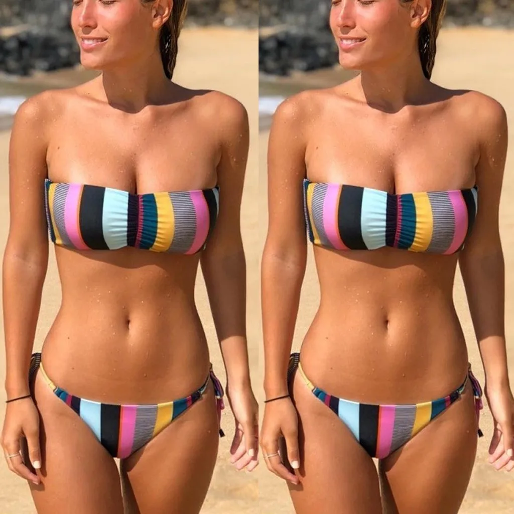

Women's Swimming Suit Sexy Bikini Swimsuit Women Push-up Padded Bra Striped Colorful Bikini Set Swimsuit Swimwear Bathing