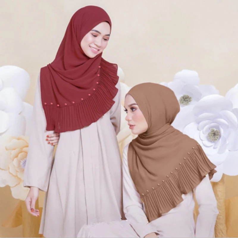 

72*185CM muslim crinkle chiffon hijab scarf women headscarf with pearls islamic head warps and shawls foulard femme musulman