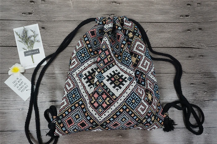 2022 Women Fabric Backpack Female Gypsy Bohemian Boho Chic Aztec Ibiza Tribal Ethnic Cottage Soft Brown Drawstring Rucksack Bags