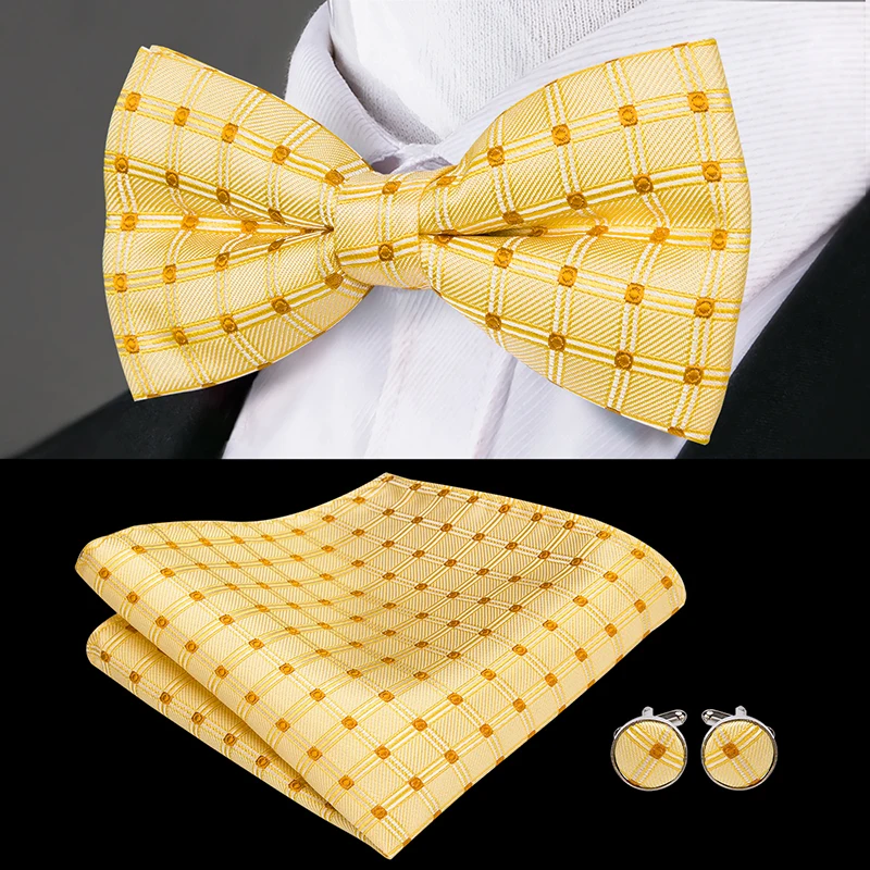 Hi-Tie Classic Gold Bow Ties for Men Silk Butterfly Pre-Tied Bow Tie Pocket Square Cufflinks Set Wedding Party Yellow Bowtie