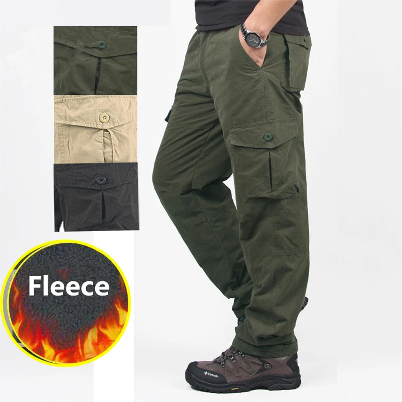 

Men Winter Fleece Cargo Pants Double Layer Warm Baggy Trousers Male Outwear Multi Pockets Casual Military Cargo Tactical Pants