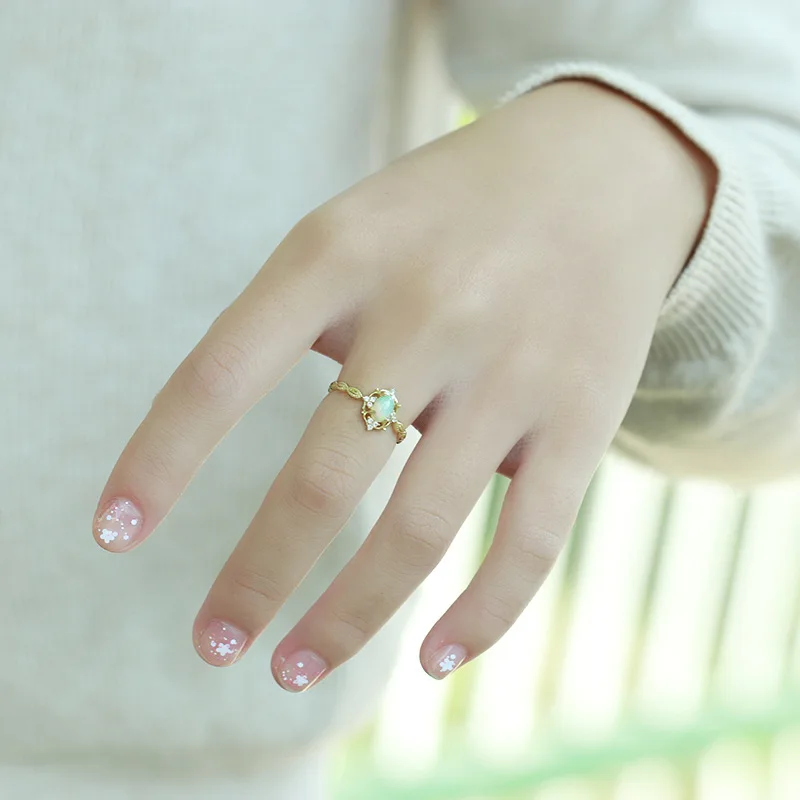 Необычные кольца с опалом, 9 к, настоящий Настоящий желтый, цельное золото, кристалл, кольца для женщин, девушек, настоящий драгоценный камень, изящные элегантные офисные украшения, подарок