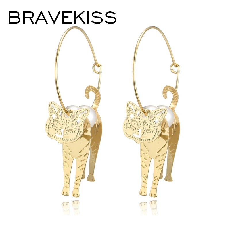 

BRAVEKISS Trendy Pearl Hoop Earrings for Women Gold Color Imitation 3D Cute Animal Cat Earrings Handmade Fashion Jewelry BPE1423