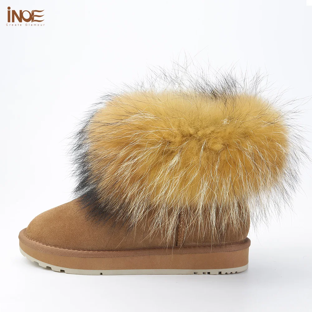 Ceny INOE Girls Fashion skóra zamszowa kostki Fox damskie futrzane buty zimowe dla kobiet krótkie buty na śnieg buty trzymające ciepło czarny brązowy