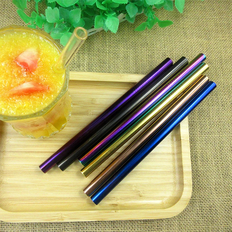 

10pcs Metal Straight 12MM Drinking Straw Black Eco-Friendly Stainless Steel With Rainbow Brush Food Grade Bar Accessories
