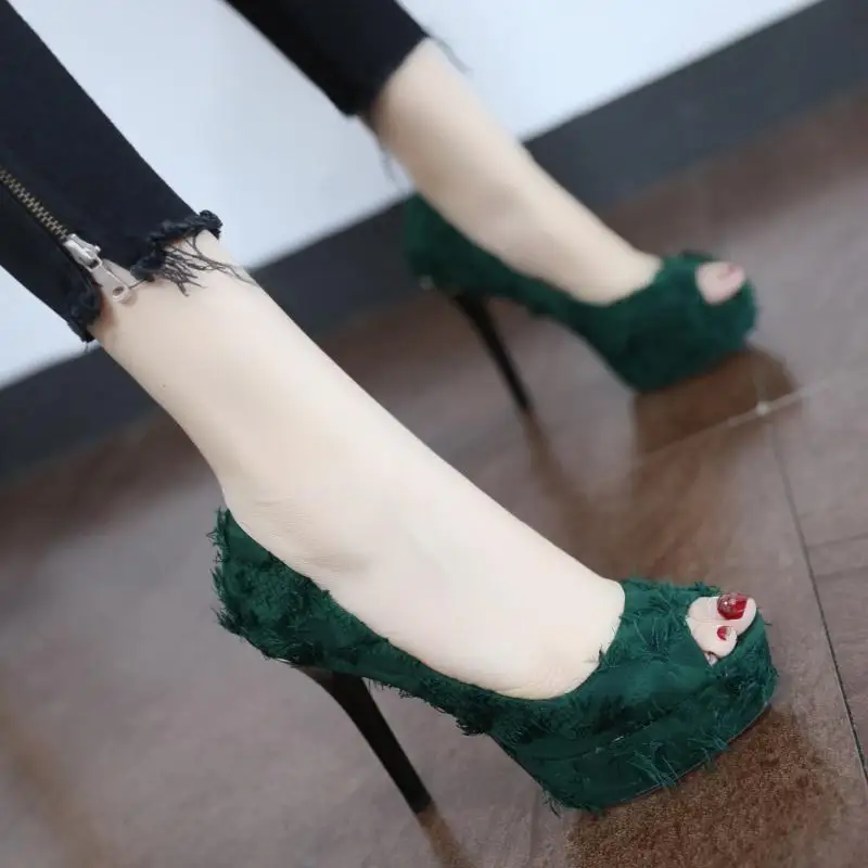 

Fringe face fish mouth super high heels 2019 autumn new sexy night field 12cm stiletto waterproof platform shoes
