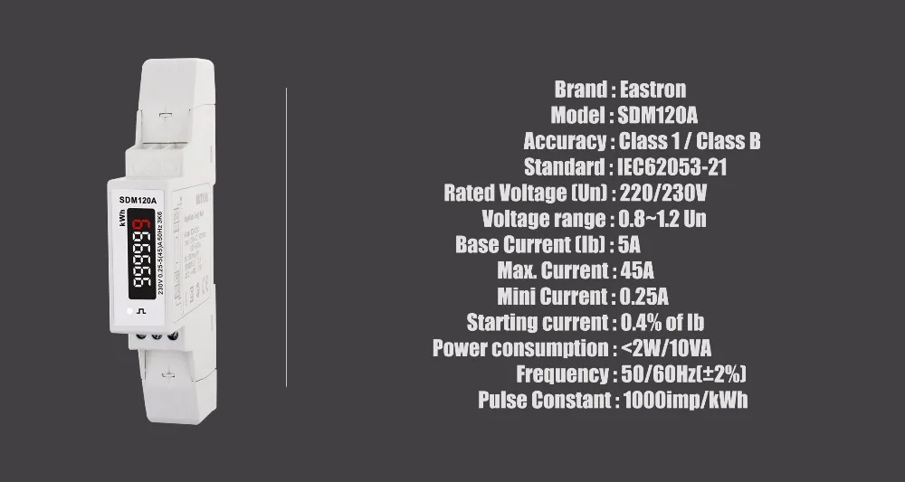 SDM120A MID, 1 фаза 2 провода, 0,25~ 5(45) A, 230 В, импульсный выход, kWh измерение, din-рейка счетчик энергии, измеритель kWh среднего видения