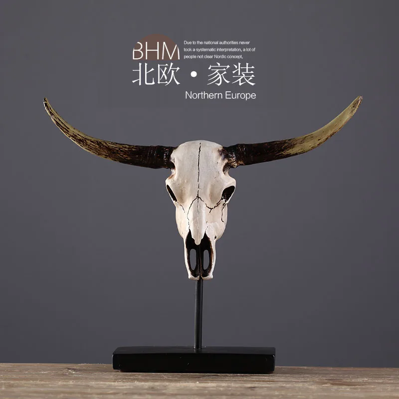 

Europe Vintage Cow Head Skull Natural Resin Animal Ornaments Desk Decor Goat Head Skull Showroom Office Home Decoration