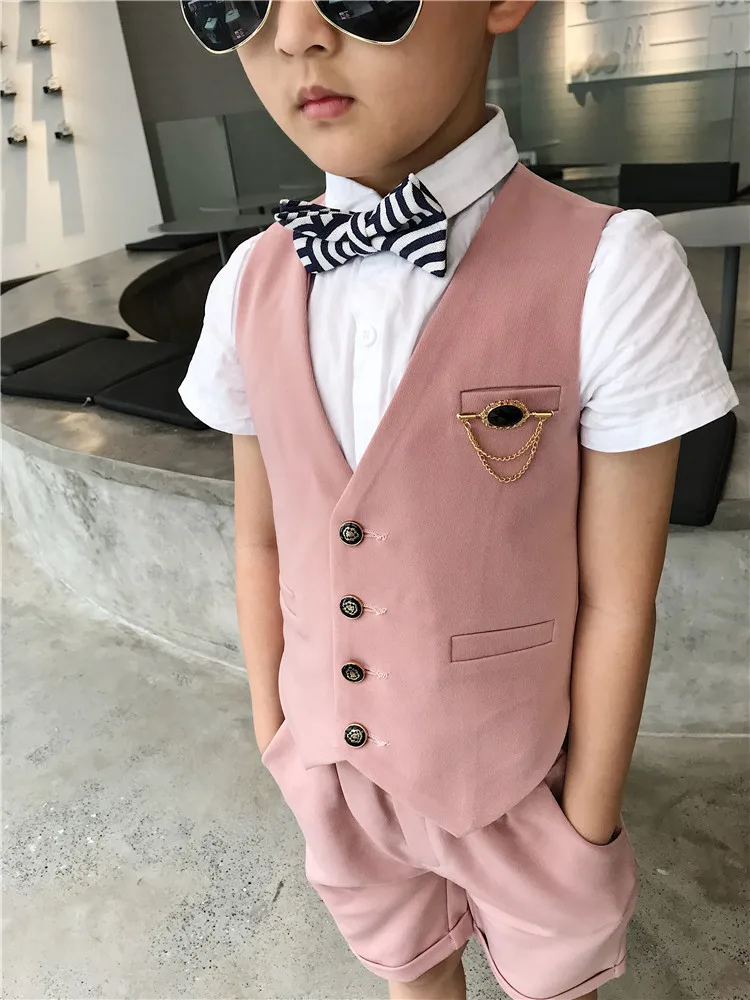 

Boy Summer Short Blazers Suits for Wedding Pants+Vest+Brooch 3Pcs/set Children Costume Boy Pink Suits Short Sleeve Size 100-160