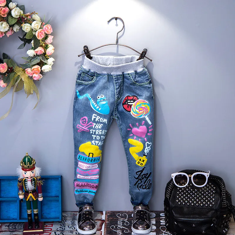 Girls Jeans 2016 New Spring Korean Children Pants Baby Girls Cartoon Graffiti Print Trousers Kids Casual Denim Pants For 2-8Y