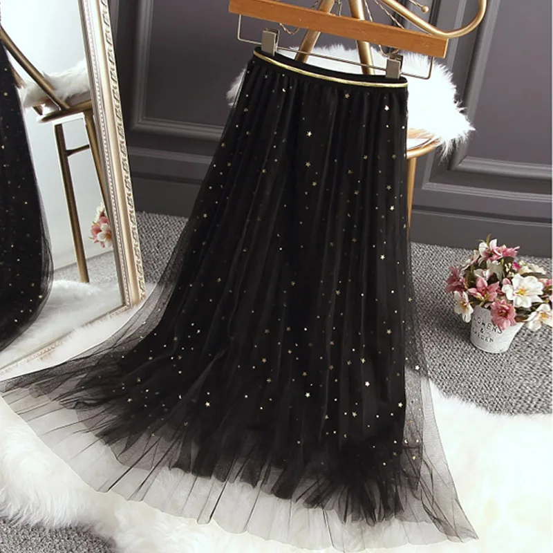 

LZMZA Elastic Waist Stripe Tulle Skirts Women Summer Kawaii Sequins Pleated Skirt Casual Sweet Midi Skirts