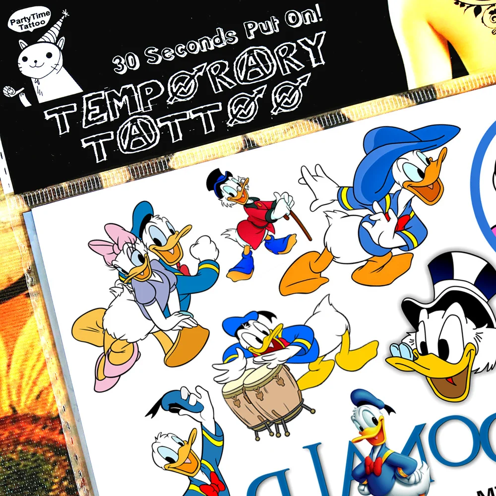 الأطفال المؤقتة الوشم ملصق مضحك الكرتون الوشم الجسم الفن الجدة الكمامة اللعب ل دونالد داك المشجعين للماء 2-3 أيام