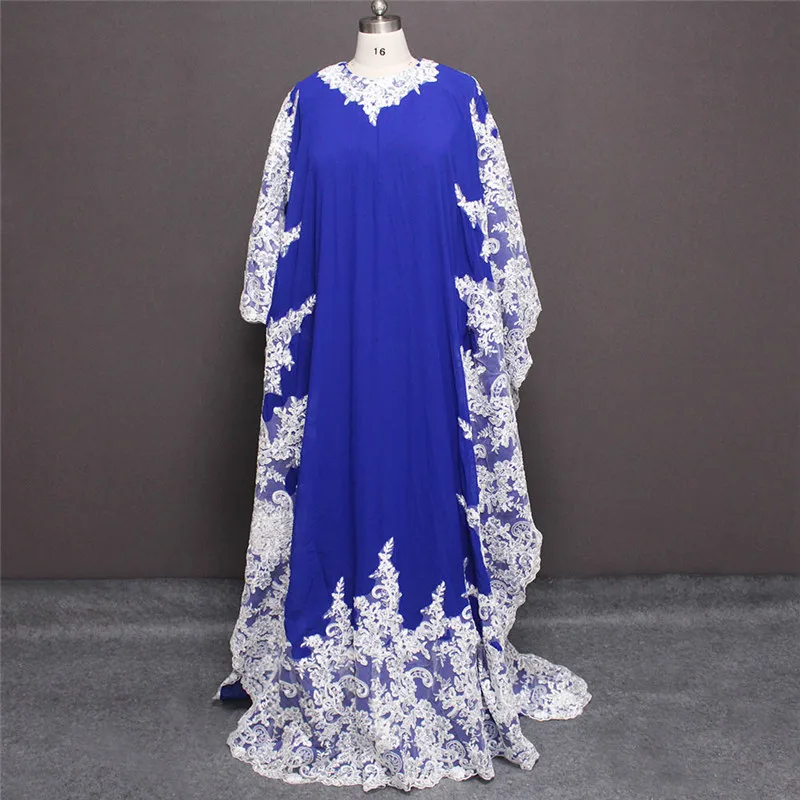 Evening Dresses New Real Images White Lace Appliques Blue Chiffon Muslim Arabic Evening Dress Luxury Formal Evening Gown Robe De Soiree formal dresses & gowns