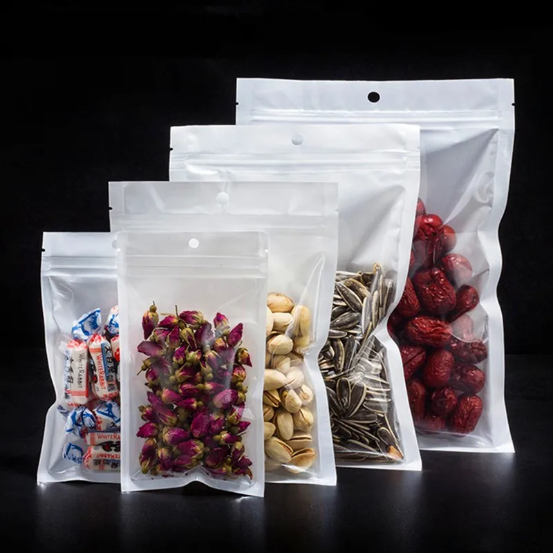 

Wholesale 100pcs Translucent White Plastic Ziplock Bag One Side Clear Pearl White Packaging Bag Candy Coffee Powder Storage Bags
