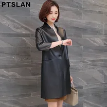 Ptslan Women Leather Jacket Women 2017 New Leather Coat Women Long Slim Leather Clothing No Lining Female Outerwear Black