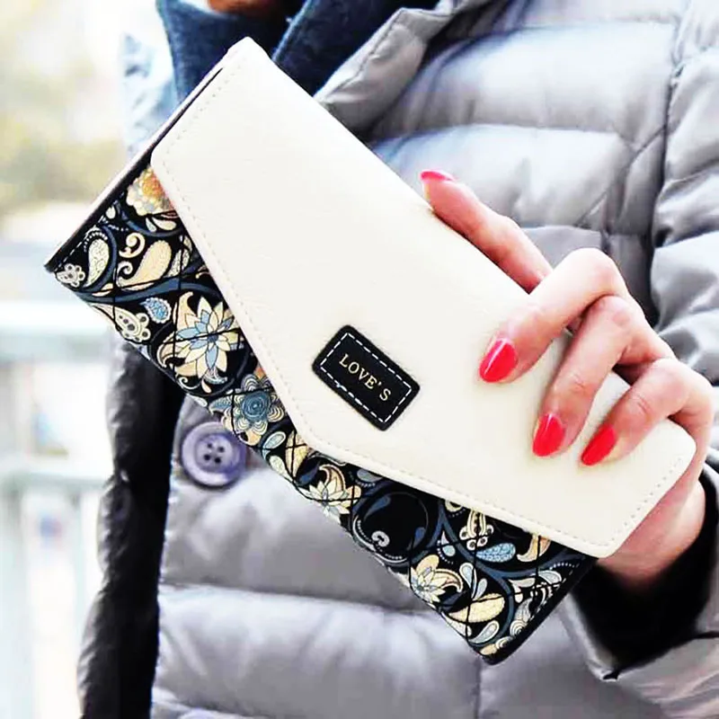 

Lady Handbag Envelope Women Wallet Hit Color 3Fold Flowers Printing 5Colors PU Leather Wallet Long Ladies Clutch Coin Purse