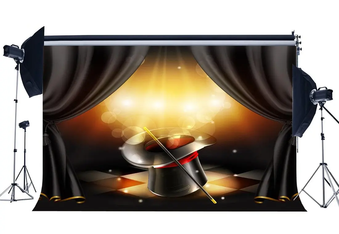 

Magic Show Backdrop Circus Interior Stage Lights Backdrops Bokeh Glitter Sequins Mosaic Floor Black Background