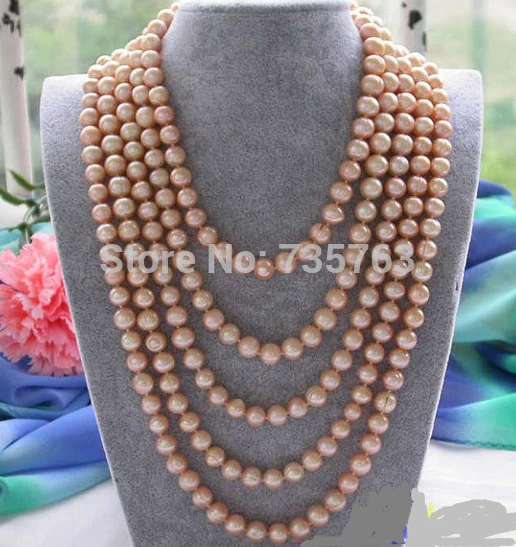 

HOT 0014682 Long 100" 10mm pink round freshwater cultured pearl necklace