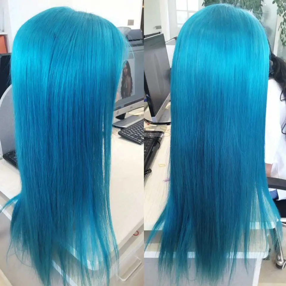 Top Customized 13*4 Lace Front Human Hair Wigs Blue Transparent Lace Front Wig Brazilian Straight Hair Wig For Black Women Non Remy 4 Top Customized 13*4 Lace Front Human Hair Wigs Blue Transparent Lace Front Wig Brazilian Straight Hair Wig For Black Women Non Remy 4