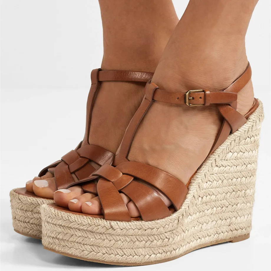 

2019 New Tribute leather espadrille wedge sandals Open Toe Gladiator Sandals Women Shoes High Heels Summer Sandalias Mujer