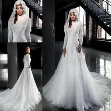 Arab 2016 Designer White High Neck Wedding Dresses A Line Long Sleeves Muslim Hijab Wedding Dress Lace louisvuigon