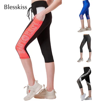 

BLESSKISS New Mesh Printed Letter Yoga Leggings Fitness Women Capri Pants Stretch Quick Dry Gym Wear Sportswear Workout Tights