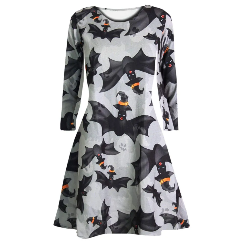 Women Long Sleeve Skull Bat Halloween Evening Prom Costume Swing Dress ...