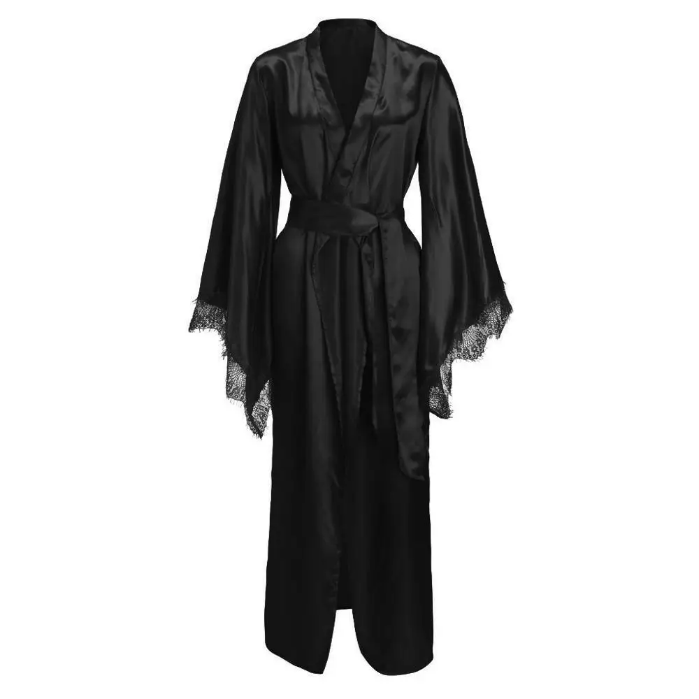 Женское кружевное атласное кимоно, ночная рубашка, длинный халат, сексуальный халат, нижнее белье с поясом, сексуальная одежда для сна, женская мода, Новинка лета, черный
