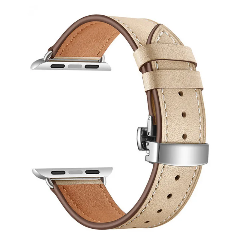 Розовое золото застежка-бабочка кожаный ремешок для наручных часов Apple Watch 38 мм 42 мм для наручных часов iWatch, мода, сменный ремешок для наручных часов, ремешок для часов - Цвет: Apricot Silver
