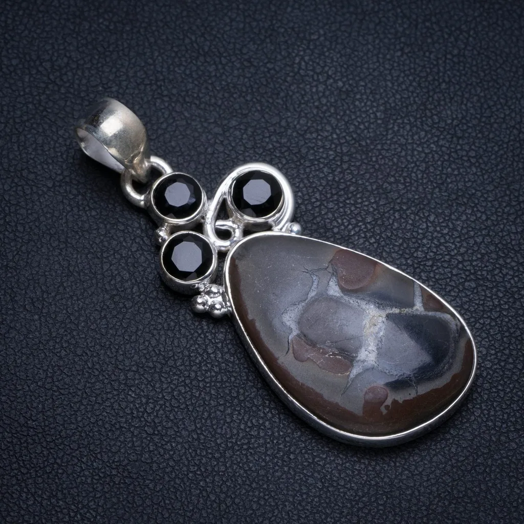 

Natural Septarian Geode and Black Onyx Handmade Indian 925 Sterling Silver Pendant 2" T1197
