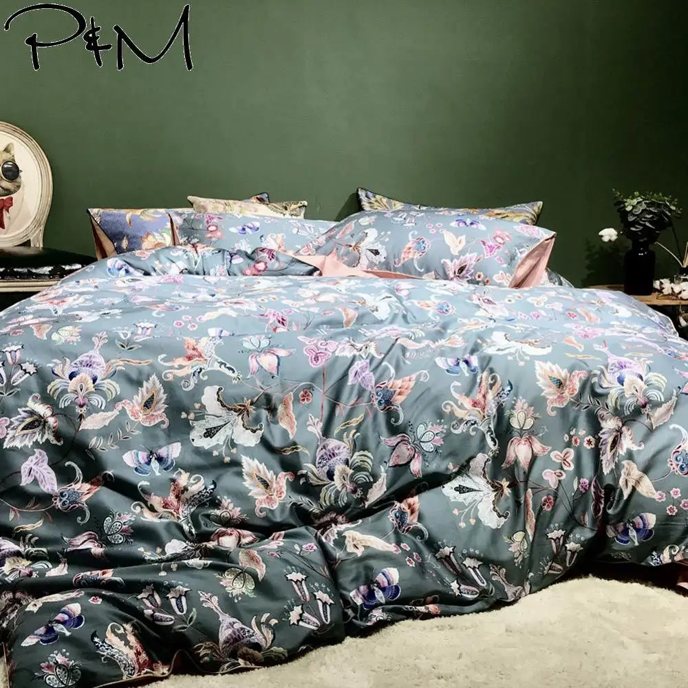 

2019 Dark Grey Flowers Butterfly Leaves Duvet Cover Set Queen King Size Bedlinens Flat Sheet Egyptian Cotton Bedding Set