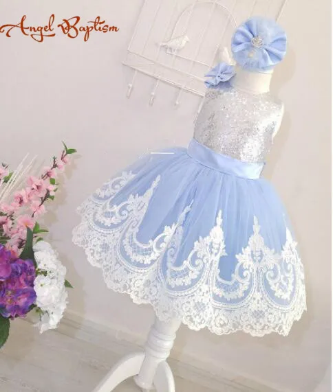Sliver Bling Sequin ball gown sky blue White Lace Backless flower girl dresses with Bow knee-length baby Birthday Party Dress