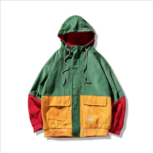 

Hip Hop Hoodie Loose Jacket Men Winter Corduroy Jacket Harajuku Red Patchwork Autumn Hooded Bomber Jacket Coat Reggae Jamaica
