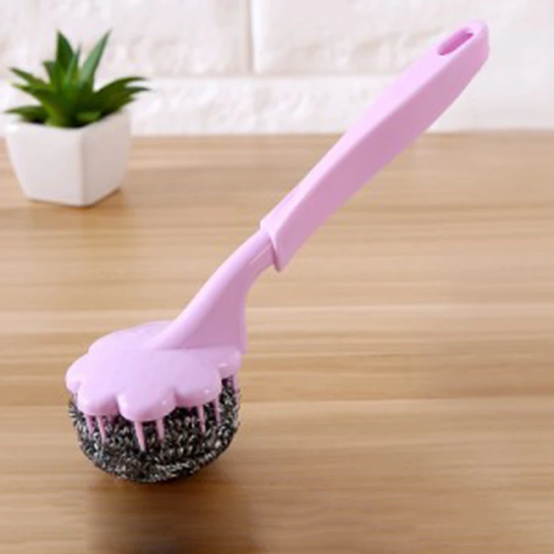 BAISPO проволочная шариковая щетка из нержавеющей стали для мытья посуды щетка для очистки мяча с длинной ручкой кухонные подвесные прочные чистящие инструменты - Цвет: Pink