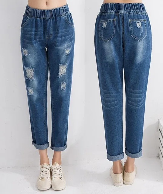 

Fashion 2017 baggy Elastic Waist Women Jeans Ankle-Length Pants Cargo Pants Cotton Loose harem female Hole jeans Female Trousers